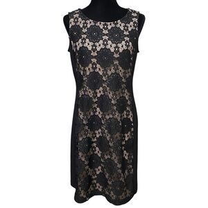 Nine West Lace Cocktail Dress Black Beige Floral Sleeveless Size 8